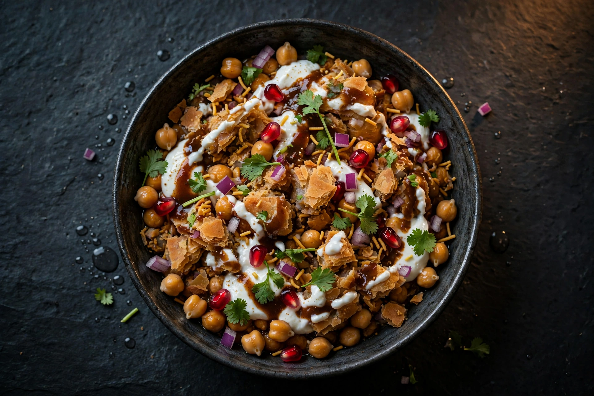 A bowl of chaat with chickpeas, yogurt, tamarind, and pomegranate — concept imagery
