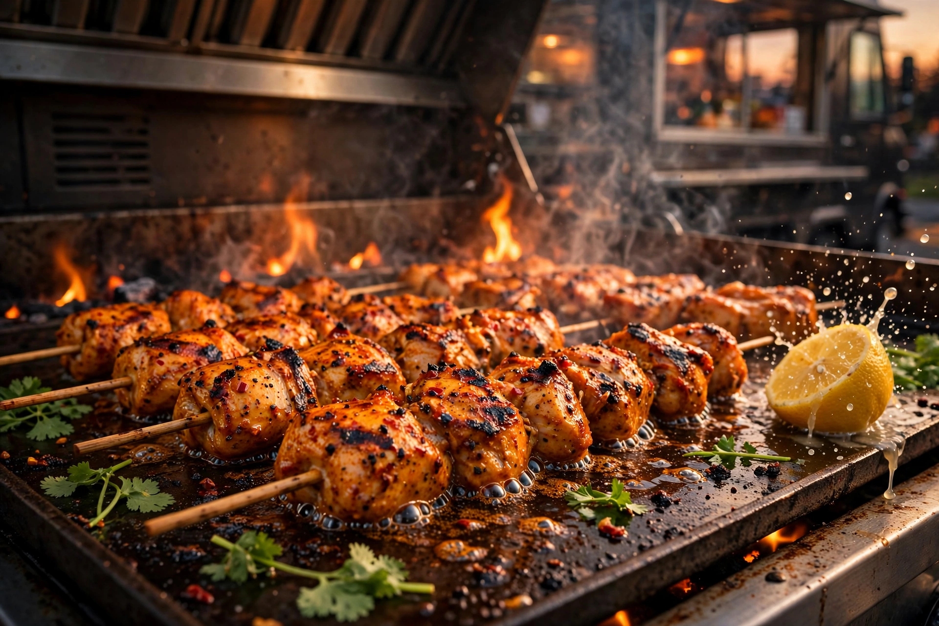 Skewers sizzling on the grill with charred edges — concept imagery