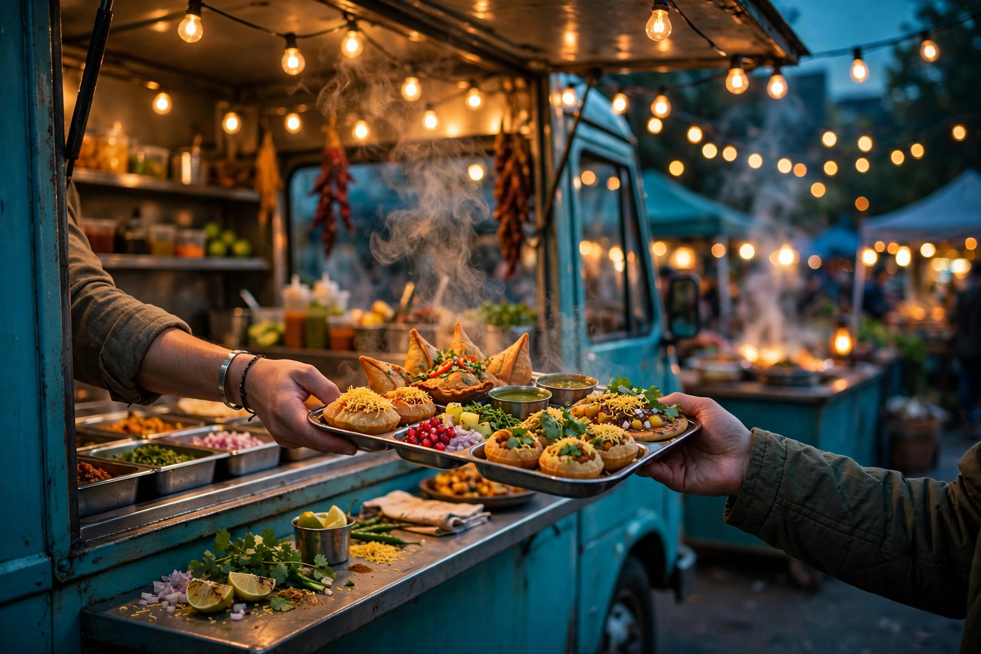 The Hungry Wheels truck window at dusk, handing out a tray of Indian street food under string lights